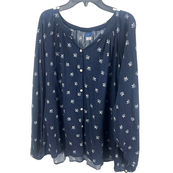 Old Navy Women’s Floral Button-Down Long-Sleeve Navy Blouse XL Office Career - Picture 1 of 8